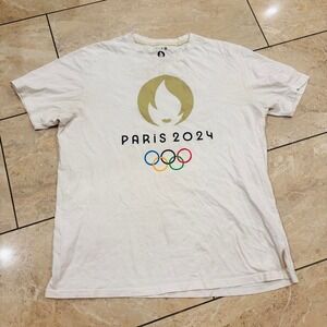 Paris 2024 Olympics Official Logo T-Shirt Mens XXL White Gold Flame Rings Tee
